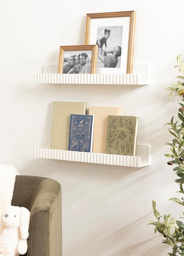 Kate and Laurel Furrow Modern Wood Photo Display Ledges; Set of 2; 24 Inches; White; Scalloped Floating Picture Ledge Shelf Set with Lip for Use as Nursery Book Shelves or Gallery Wall Decor
