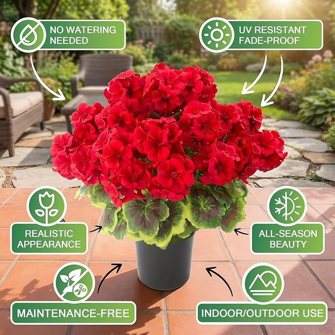 lovemoon 2 Pcs Geranium Potted Artificial Flowers, 19" Fake Geraniums Plants UV Resistant Silk Potted Plants for Outdoor Home Décor Office Porch Garden Decor (2, Red)