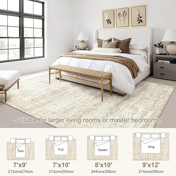 UERMEI 9x12 Area Rug Living Room Rugs - Washable Neutral Modern Abstract Soft Thin Rug Indoor Floor No Slip Rug Carpet for Bedroom Under Dining Table Home Office Decor - Beige/Brown