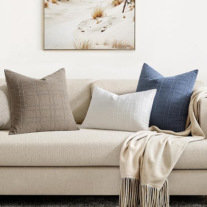MIULEE Decorative Linen Check Euro Shams Throw Pillow Covers Neutral Farmhouse Vintage Pillow Covers 22x22 Set of 2 Boho Modern Home Decor for Sofa Couch Bedroom Cushion Blue