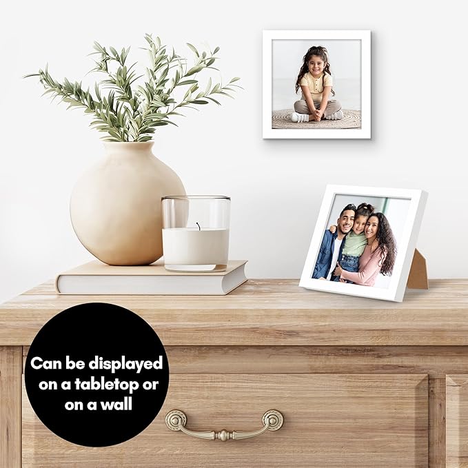 Americanflat 5x5 Picture Frame with Shatter-Resistant Glass - Streamline Collection - Thin Border Square Frame for Tabletop and Wall Display - Hanging Hardware and Easel Stand Included - White