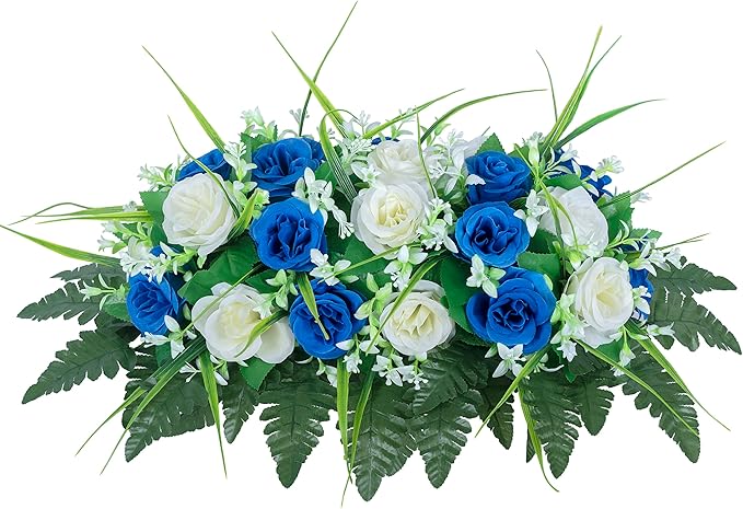 DONODA Cemetery Tombstone Flower Saddle - Outdoor Grave Decorations - Non-Bleed Colors, Rose Combination Flower (Dark Blue and White Saddle)