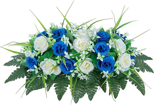 DONODA Cemetery Tombstone Flower Saddle - Outdoor Grave Decorations - Non-Bleed Colors, Rose Combination Flower (Dark Blue and White Saddle)