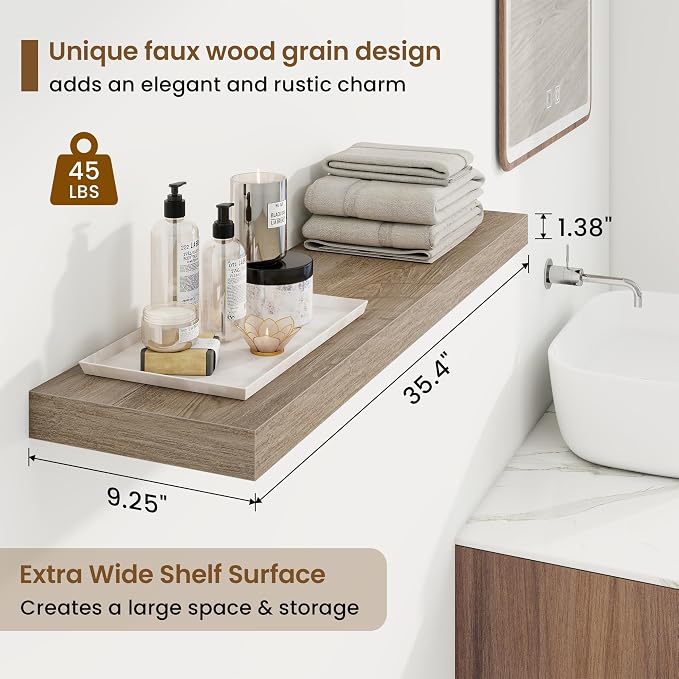 36in Floating Shelves for Wall, 36"W x 9.25"D x 1.25"H, 2 Pack Long Wall Mounted Engineered Wood Shelves with Invisible Brackets for Living Room, Bedroom, Bathroom, Kitchen Decor and Storage, Grey