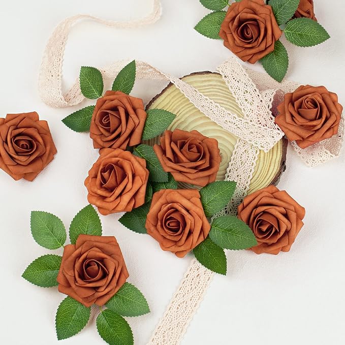Mocoosy 50Pcs Burnt Orange Flowers Artificial Rose, Rust Fake Rose for Decoration, Real Touch Terracotta Foam Roses with Stems Wedding Bridal Shower Mother's Day Floral Arrangement Party Home Decor