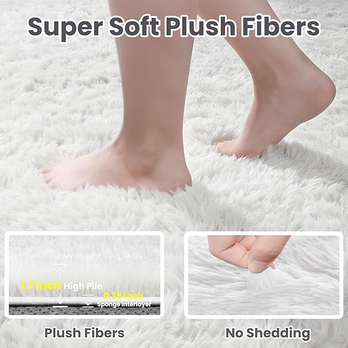 2x6 Bedside Area Rugs for Bedroom: Soft Fluffy Shag White Rug for Hallway, Non-Slip Fuzzy Plush Living Room Rug Indoor Floor Carpet for Kids Rooms, Dorm, Nursery, Modern Home Aesthetic Decor
