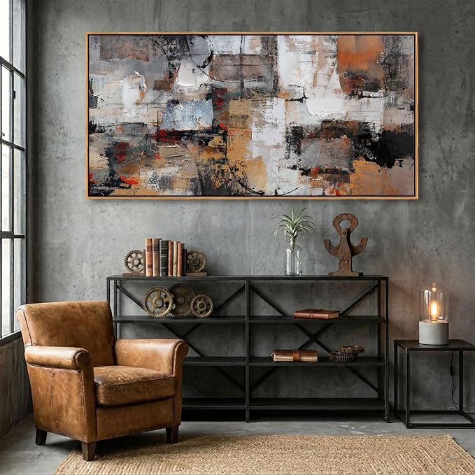 Abstract Canvas Wall Art - Modern Minimalist Wall Painting - Brown Decorations - Framed Wall Art for Bedroom, Office - Artwork Wall Decor - Brown Bedroom Wall Decor Above BedAbstract Canvas Wall Art 24×48IN