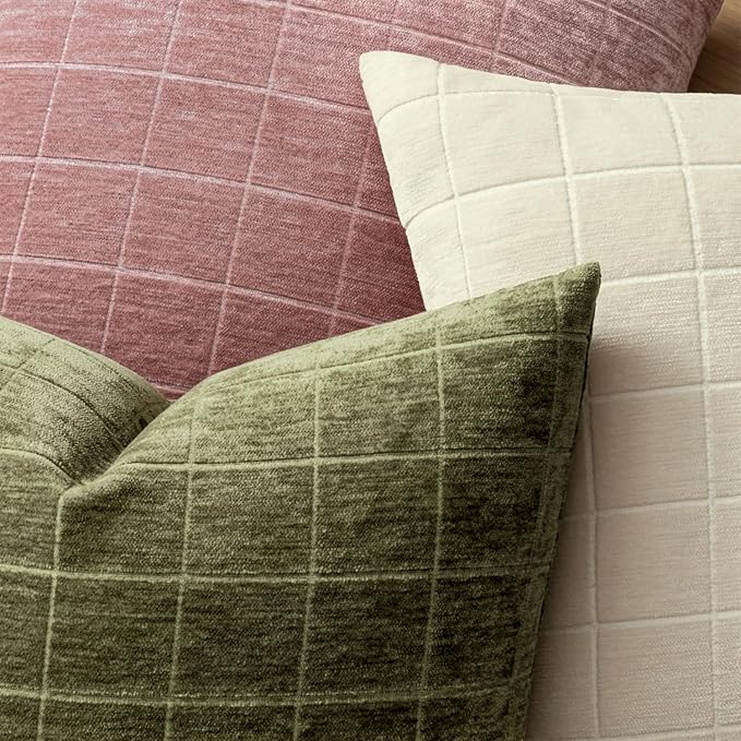 MIULEE Decorative Chenille Check Throw Pillow Covers Vintage Plaid Couch Pillows 18x18 Inch Set of 2 Neutral Boho Farmhouse Cushion Covers Modern Home Decor for Sofa Bed Living Room Olive Green