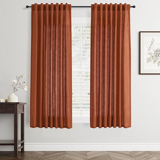 Jowels Terracotta Linen Curtains 60 Inch Long 2 Panels for Living Room | Burnt Orange Light Filtering Semi Sheer Curtain,Back Tab Pocket Pleated Look,Boho Textured Privacy Drapes for Bedroom Window