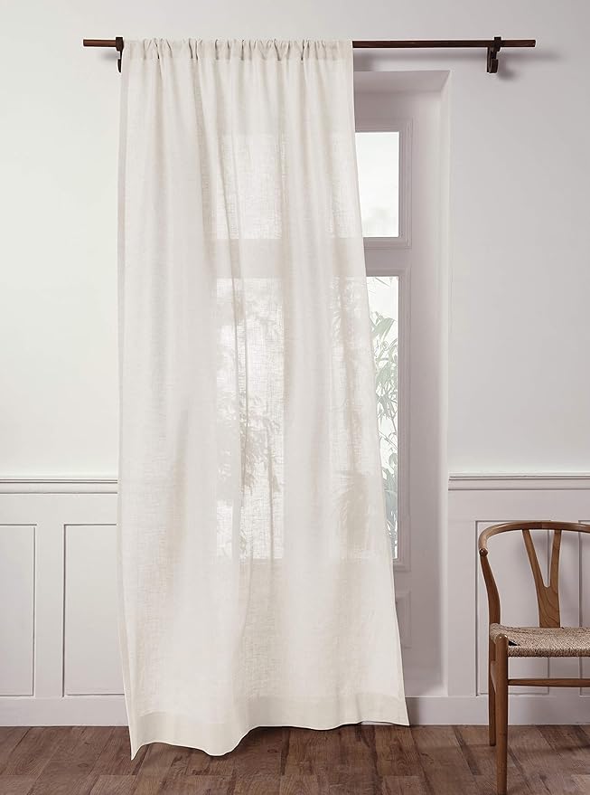 Solino Home European Flax Linen Sheer Curtain 144 Inches Long, 100% Pure Linen Ivory 52 x 144 Inch Long Light Filtering Rod Pocket Window Curtains Panel for Living Room, Bedroom - 1 Panel