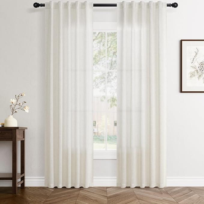 Jowels Natural Linen Curtains 80 Inch Long 2 Panels for Living Room | Ivory Light Filtering Sheer Curtain,Back Tab Pocket Pleated Look,Modern Farmhouse Textured Privacy Drapes for Bedroom Window
