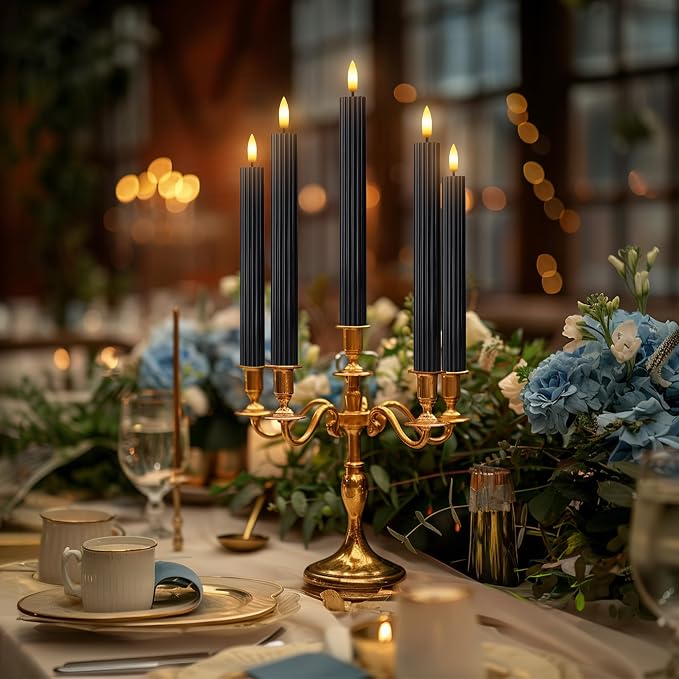 6 Pack, 10" LED Flameless Real Wax Black Fluted Ribbed Grooved Taper Candles, Remote & 24h Timer Memory, On/Off Button, Dimmable, Flicker Mode, Battery Operated, Wedding