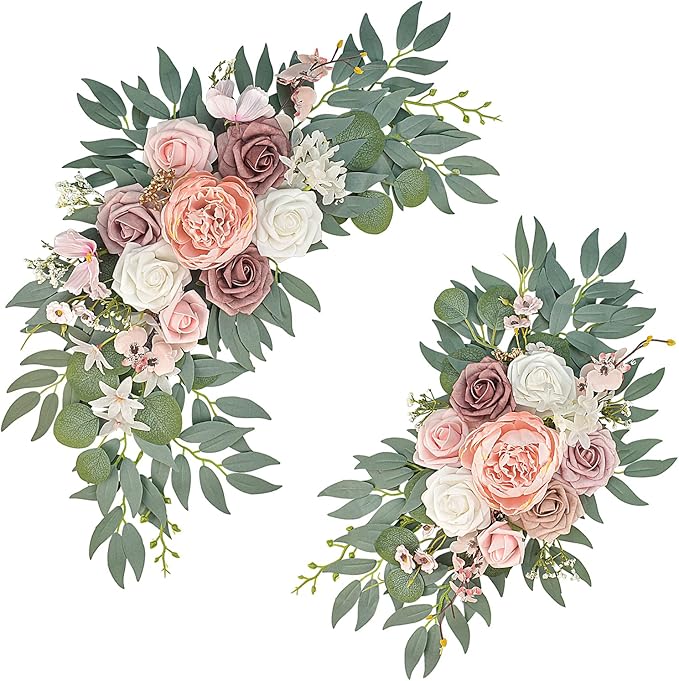Pink Wedding Arch Flowers Set of 2, Artificial Wedding Arch Floral Swag Arrangement for Reception Photo Backdrop Decoration, Bridal Shower, Baby Shower