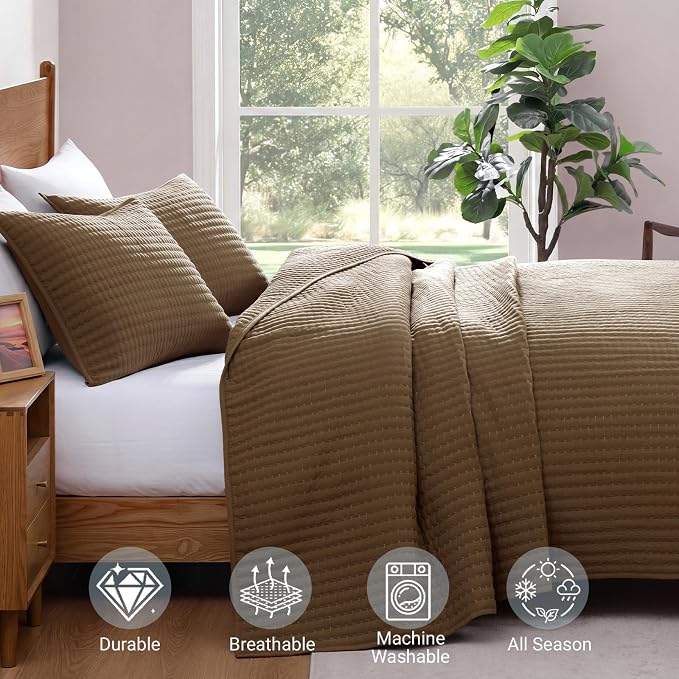WRENSONGE Chocolate Brown King Size Quilt Bedding Sets-3 Pieces Lightweight Bedspreads with 2 Pillow Shams for All Season Suitable for Bed, Couch, Quilt Blanket
