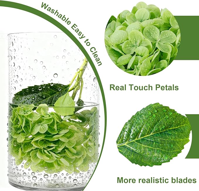 4 Pcs Artificial Hydrangea Silk Flowers with Stems, 19.7" Green Faux Hydrangeas Bouquet, 240 Petals, UV Resistant & Waterproof Fake Flower for Outdoor Wedding Home Decor