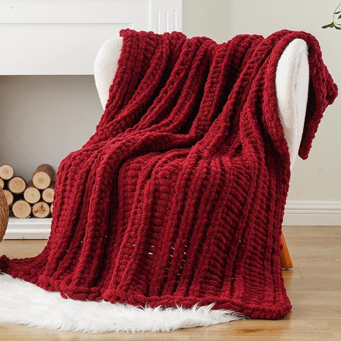 Battilo Chunky Knit Throw Blanket for Couch, Christmas, 50"x60", Dark Red | Hand Knit, Gift Blanket, Cozy Warm Thick Soft Chenille Throw Blanket for Bed, Sofa, Chair, Living Room