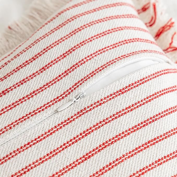 YEENAASY Throw Pillow Covers 22x22 Set of 2 Striped Fringe Pillow Cover Farmhouse Cushion Covers with Tassel Neutral Boho Pillows Decorative Square Pillowcase for Couch Sofa Bed, Red