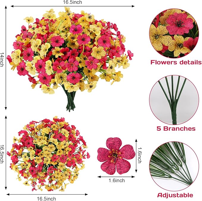 Geegoods Artificial Mums Flowers for Outdoors, 16 Bundles UV Resistant Fake Plastic Rose and Yellow Flowers for Patio Porch Spring Summer Decor