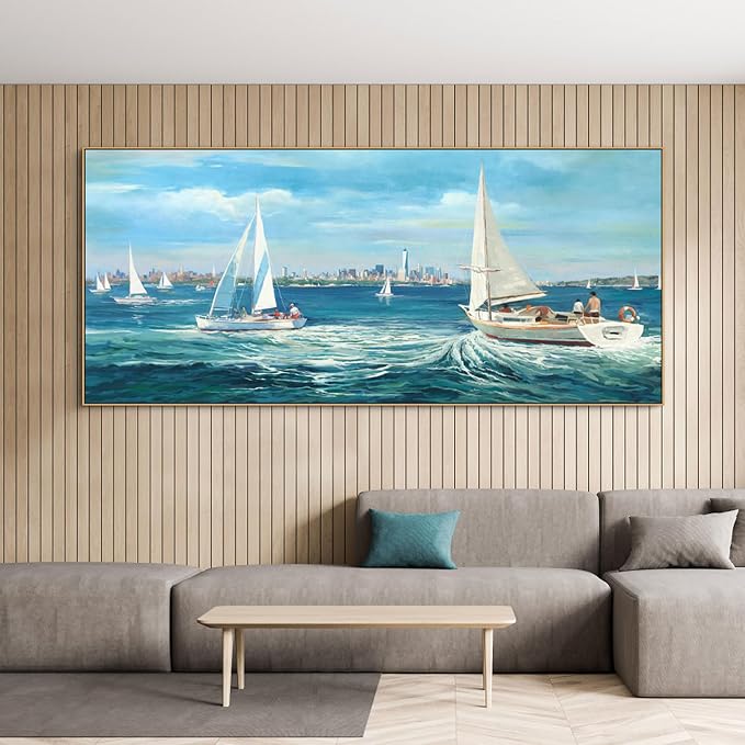 XLSJERST Coastal Paintings Framed Wall Art - Extra Large 70x31 Inches Landscape Modern Seascape Picture Sailboat Artwork for Living Room Bedroom Bathroom Office Home Wall Decor