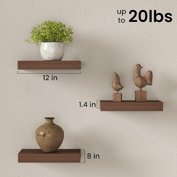 Fun Memories 12 Inch Floating Shelves for Wall Set of 3, Wood Grain Bathroom Shelves with Invisible Brackets, Easy Install Wood Storage Shelves for Kitchen, Living Room, Bedroom, Walnut