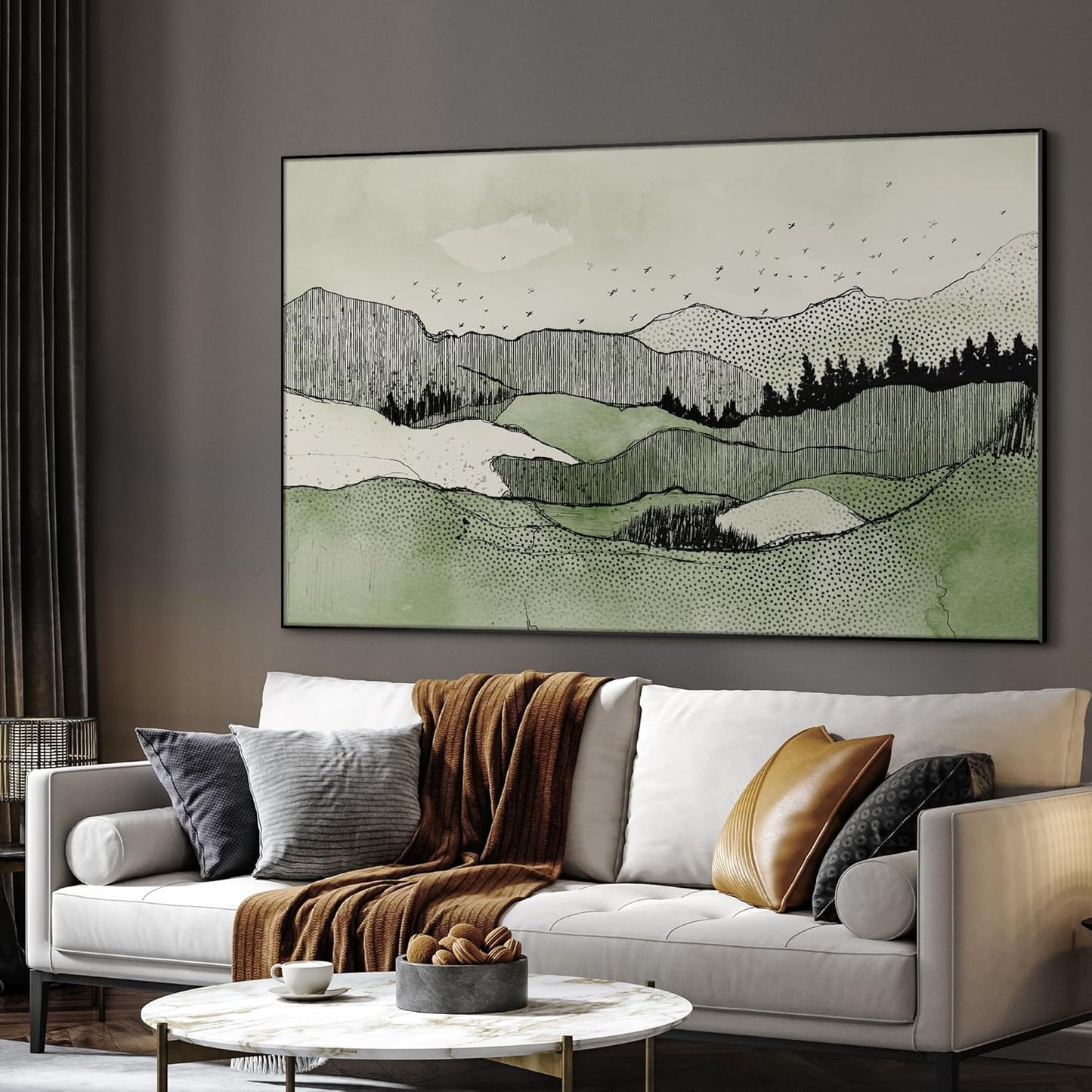 SIGNWIN 46"x72" Extra Large Framed Wall Art Green Line Art Mountain Landscape Illustration for Home Living Room Bedroom Decor (Frame Assembly Required)