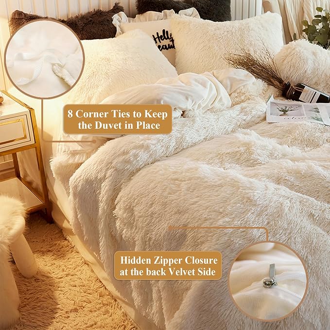XeGe Plush Shaggy Duvet Cover Set, Luxury Ultra Soft Crystal Velvet Fluffy Bedding Sets 3 Pieces(1 Furry Faux Fur Comforter Cover + 2 Fuzzy Faux Fur Pillowcases), Zipper Closure(Queen, Light Beige)