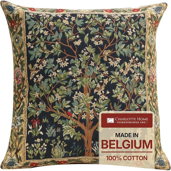 Charlotte Home Furnishings Inc Tapestry Tree of Life Blue Throw Pillow Covers 18x18, European 100% Cotton Jacquard Woven Fabric, Boho & Vintage Inspired Decorative Cushion for Living Room and Sofa