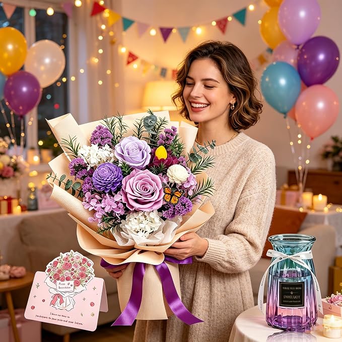 Preserved Flowers Bouquet, Purple Roses Forever Flowers for Delivery | Floral Arrangements in Vase, Birthday Flowers Gifts for Women Wife Mother's Day, Real Fresh Rose Dried