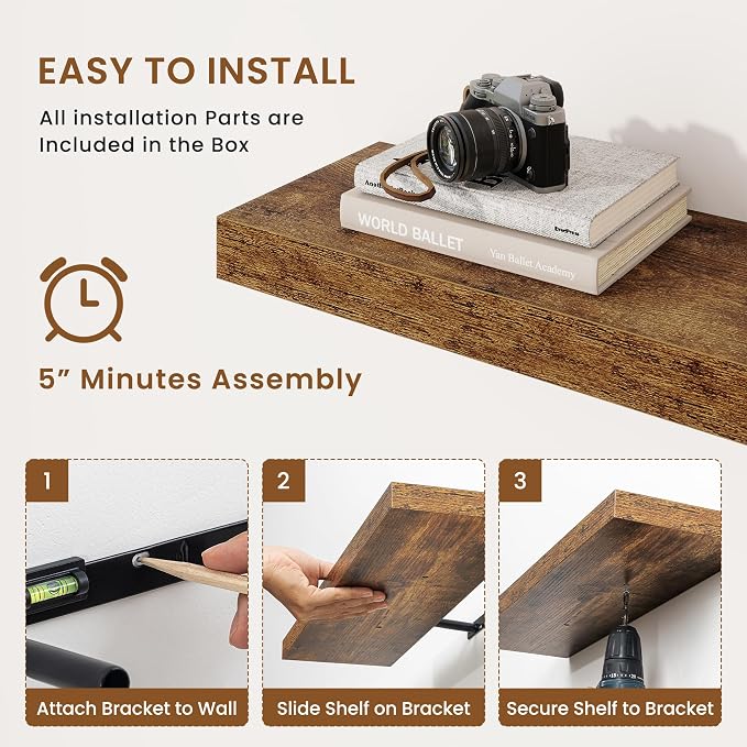 fuqing Floating Shelves for Wall, Wall Mounted Wood Floating Shelf with Invisible Brackets for Living Room, Bathroom, Bedroom, Kitchen Storage and Decor, 16 Inch Set of 2, Rustic Brown