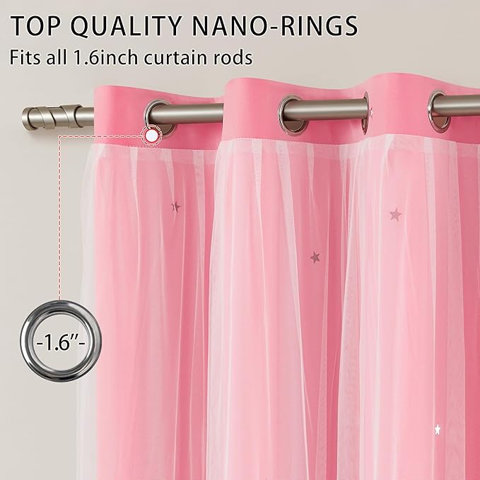 XiDi Pink Curtains with Sheer Overlay for Girls Bedroom 2 Panels Blackout Double Layer Curtains 45 Inches Length for Kids Princess Nursery Room Star Cut Out Grommet Small Window Drapes W52 X L45