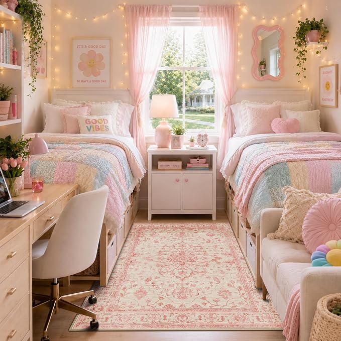 RELEANY Area Rugs 3'x5' Washable Non-Slip, Floral Vintage Distress Medallion Carpet for Living Room Bedroom Dining Room, Pink Light Vintage Pink