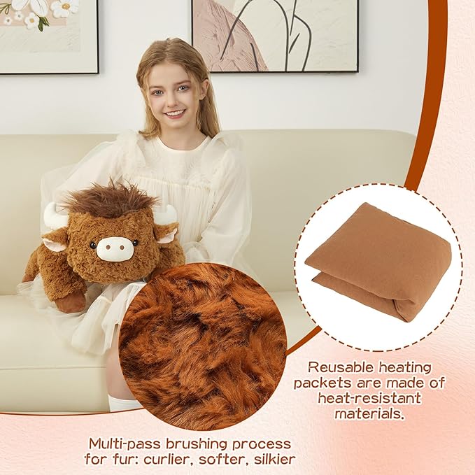 GILFWM 25" 5 Lbs Weighted Stuffed Animals Highland Cow, Heatable and Coolable Weighted Plush with Microwavable Heating Pad,Removable Soft Washable Cute Plushie Pillow Toy Gifts for Adults and Kids