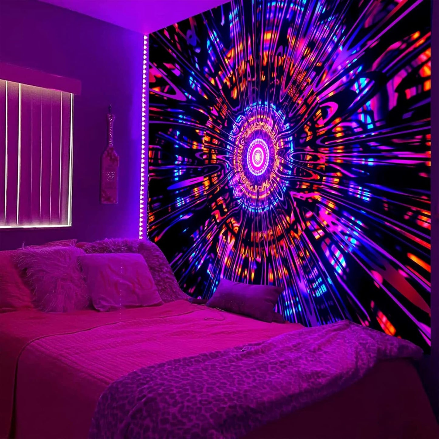 PSYHILAR Blacklight Mandala Tapestry for Bedroom, Psychedelic Black Light Posters for Adults and Teens, Colorful UV Reactive Aesthetic Bohemian Art Wall Hanging Decor Red and Purple (80 x 60 Inches)