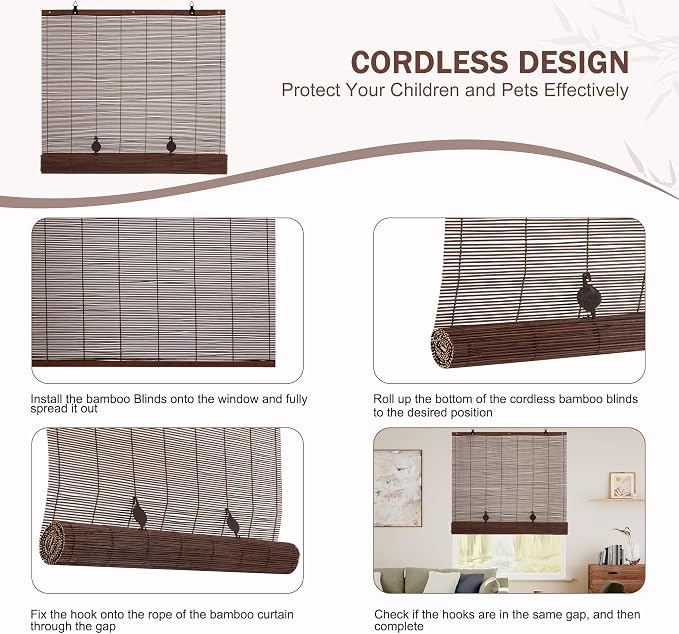 ALIMOO Bamboo Blinds for Interior Windows, Light Filtering Roll Up Windows Shade for Indoor Outdoor Home Patio Porch, 30" W x 72" H