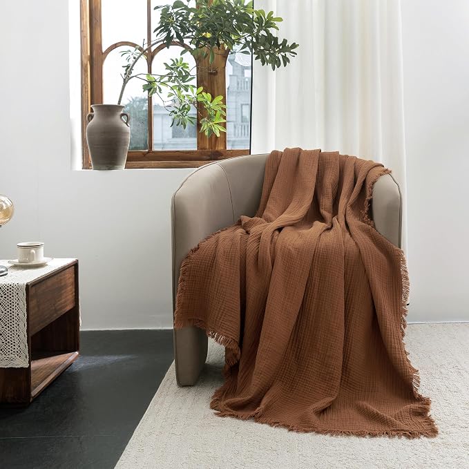 FOSSA Muslin Blanket 4-Layer 100% Cotton Gauze Blanket with Fringe 108"x98" | Super Soft Breathable Lightweight All Season & Decorative Blanket or Bed, Sofa, Office (Dark Orange,Super King)