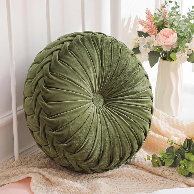 Drydiet 1 Pcs Round Throw Velvet Pillows Decorative Pleated Throw Pillows Diameter Accent Pumpkin Boho Chair Cushion for Couch Sofa Home Decoration (Dark Olive Green,15'')