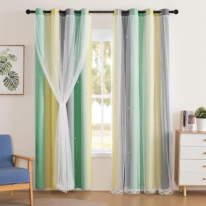 XiDi Grey Green Yellow 90 Inches Curtains for Girls Bedroom 2 Panels Set, Blackout Rainbow Curtains for Kids Room Decor, Unicorn Wall Decals Drapes for Little Girl Nursery Room 52 Inches Wide