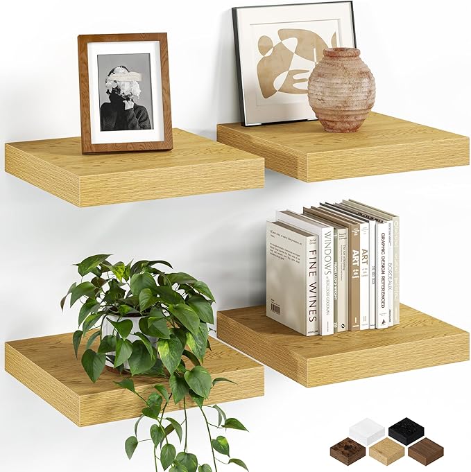 Fun Memories Floating Shelves for Wall, 9.3 Inch Set of 4 Rustic Wood Wall Shelves with Invisible Brackets, Heavy Duty Storage Display for Bathroom Bedroom Living Room Kitchen, Oak