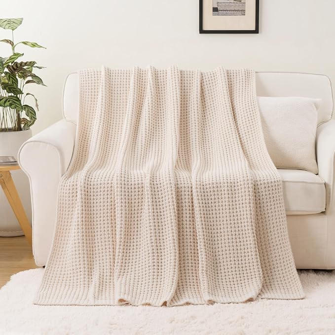Bunnikins & Clover Cream White Throw Blanket for Couch, Waffle Ivory Throw Blanket for Bed, Warm Decorative White Blanket Throw for Home Decor, 60"x80"