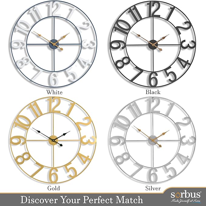 Sorbus Large Wall Clock for Living Room Decor - Wall Clock for Kitchen - 32 inch Big Wall Clock Decorative - Metal Wall Art - Analog Large Clock for Bedroom, Home, Kitchen, Office, Wall Decor (Black)