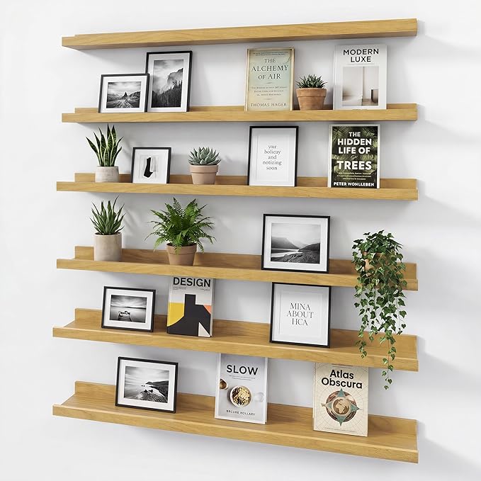 Acovy Floating Shelves Set of 6, 48 Inch Wall Mounted Picture Ledge Shelf with Lip, Oak Display Shelves for Living Room, Bedroom, Nursery, Bathroom & Kitchen