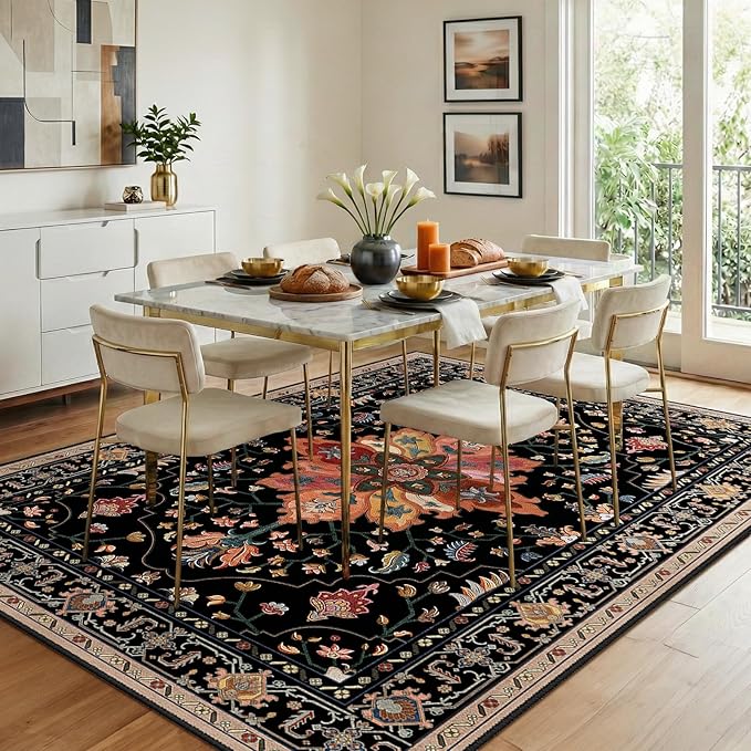 RELEANY Area Rugs 8'x10' Washable Non-Slip, Floral Vintage Distress Print Pattern Medallion Carpet for Living Room Bedroom Dining Room, Black Colorful Floral Dark Tan