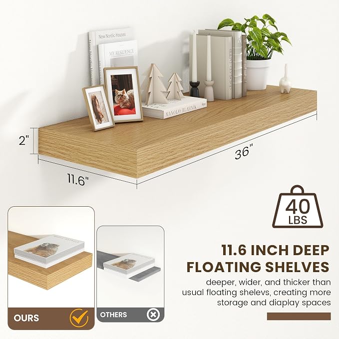FLYJOE 12 Inch Deep Floating Shelves | 36 Inch Oak Floating Shelves | 36" W x 12" D Rustic Wood Shelves for Wall | Deep Oak Shelves for Living Room Bathroom Laundry Room Kitchen