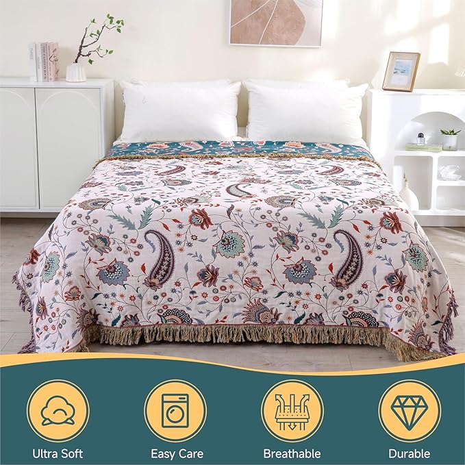 STASOPTK100% Cotton Boho Throw Blanket Soft Lightweight Twin Blanket 60"x80", Floral Reversible All-Season Bed Blanket, Breathable Summer Blanket for Couch Chair, White
