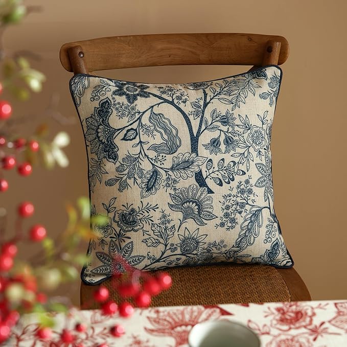 ISAENNE Designer Linen Square Throw Pillow Cover,Set of 2,18"x18"-Ruyi B | Vintage French Elegant Pillow Cover,Concealed Zipper Design,Blue Floral Pattern,Sofa,Bedroom,Living Room,Lounge Chairs