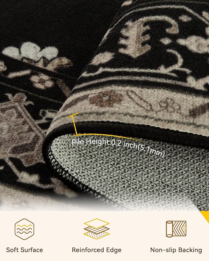 RELEANY Area Rugs 8ft Washable Non-Slip, Floral Vintage Distress Print Pattern Medallion Carpet for Living Room Bedroom Dining Room, Black Brown Neutral Dark Tan