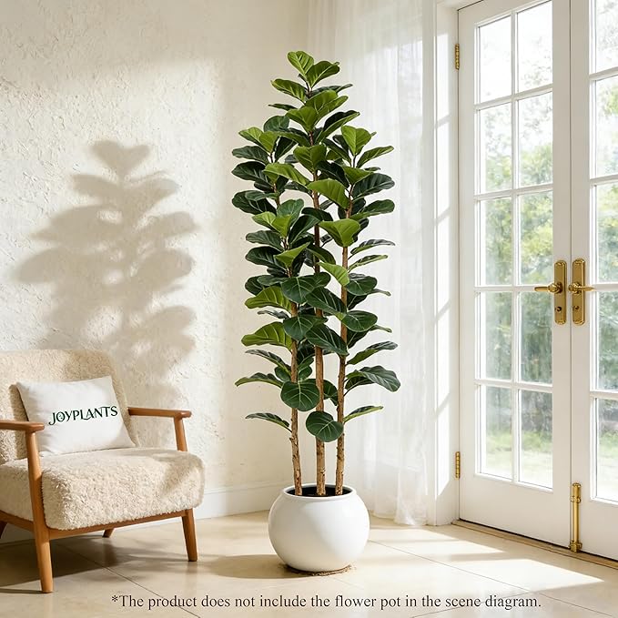 6ft Fake Fiddle Leaf Fig Tree, Realistic Fake Plants with Natural-Looking Trunk, Evergreen Faux Plants Indoor for Home & Office Decor（3 Poles, Black Pot）