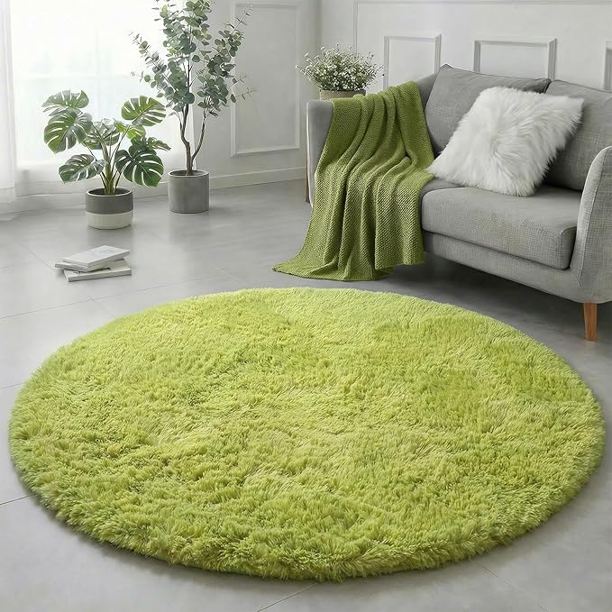 Amdrebio Grass Green Round Rugs 6Ft for Living Room Bedroom Decor Aesthetic, Large Fluffy Shaggy Circle Area Rug for Kids Playroom Baby Nursery, Big Soft Shag Fuzzy Modern Cool Floor Circular Carpet