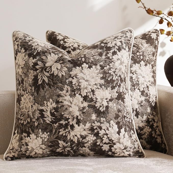 DEZENE Pack of 2 Vintage Floral Euro Sham Covers 26x26 Boho Farmhouse Accents Chenille Square Decorative Throw Pillow Cases for Living Room Couch Bed Home Decor, Grey