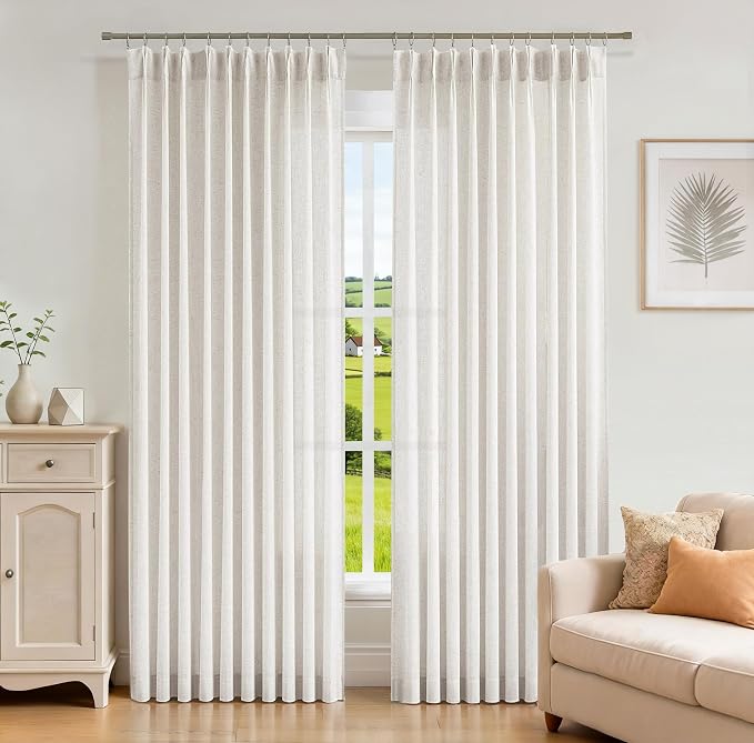 Vision Home Natural Pinch Pleated Sheer Curtains 90 Inches Soft Linen Textured Modern Rustic Light Filtering Drapes,Window Treatment Panels with Hooks & Back Tab for Living Room Bedroom, 60" Wx90 Lx2